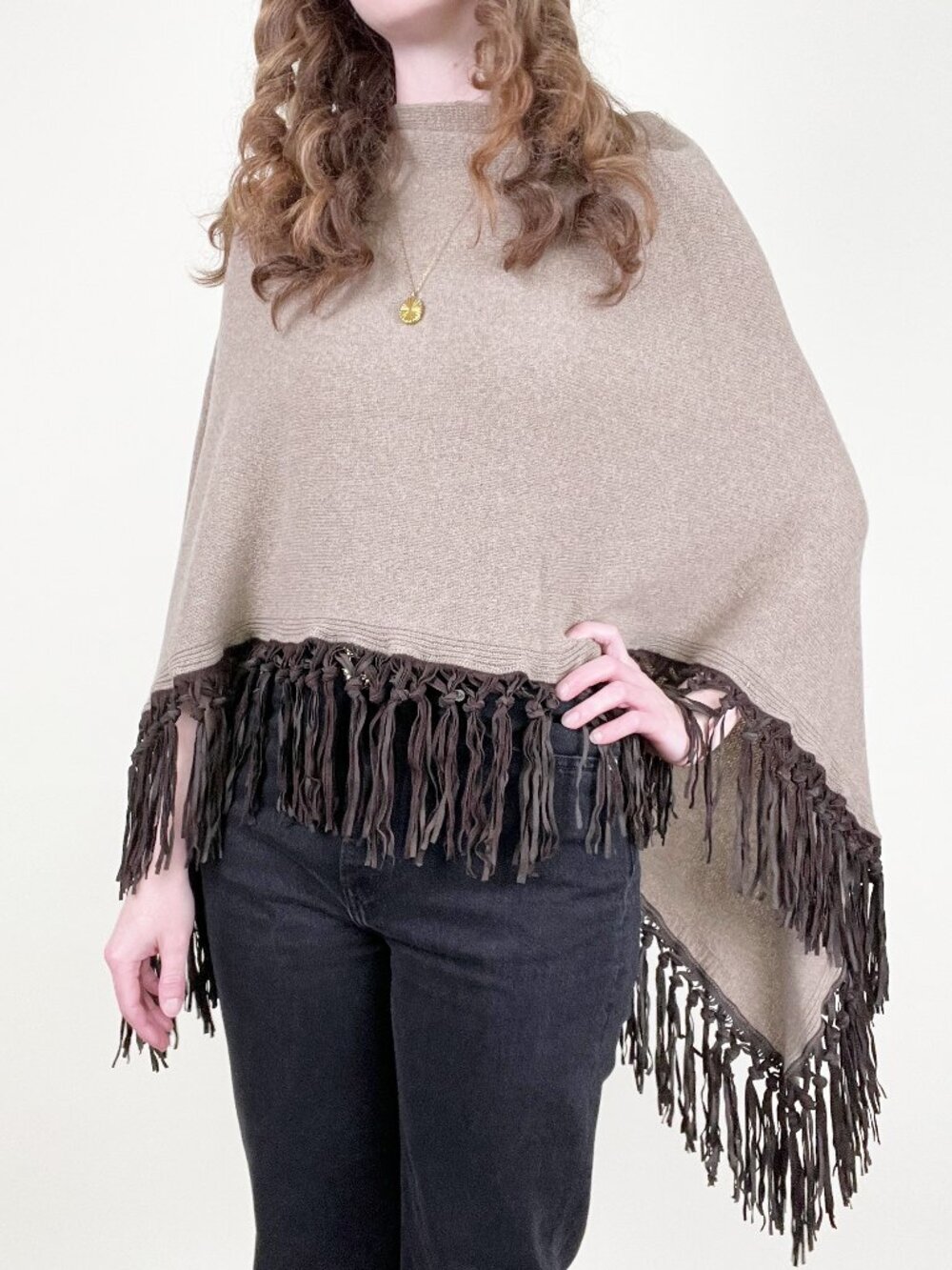 New Cashmere Wool Leather Fringe Poncho Sweater Western Boho Fall Cozy Bohemian - Picture 5 of 9
